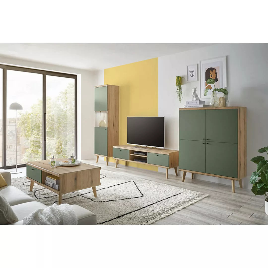 Wohnwand in Eiche mit grün AVEZZANO-61 Modern 4-teilig, inkl. Couchtisch un günstig online kaufen