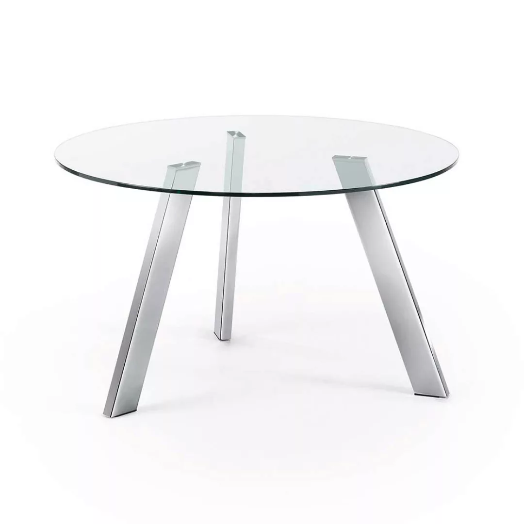 Glastisch mit runder Klarglasplatte 3-Fußgestell aus chromfarbenem Stahl günstig online kaufen