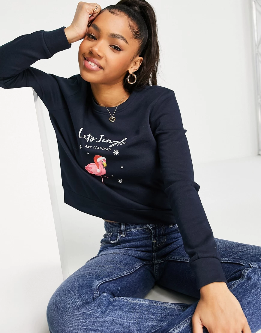 Only – Christmas – Sweatshirt in Marineblau mit Flamingo-Motiv günstig online kaufen
