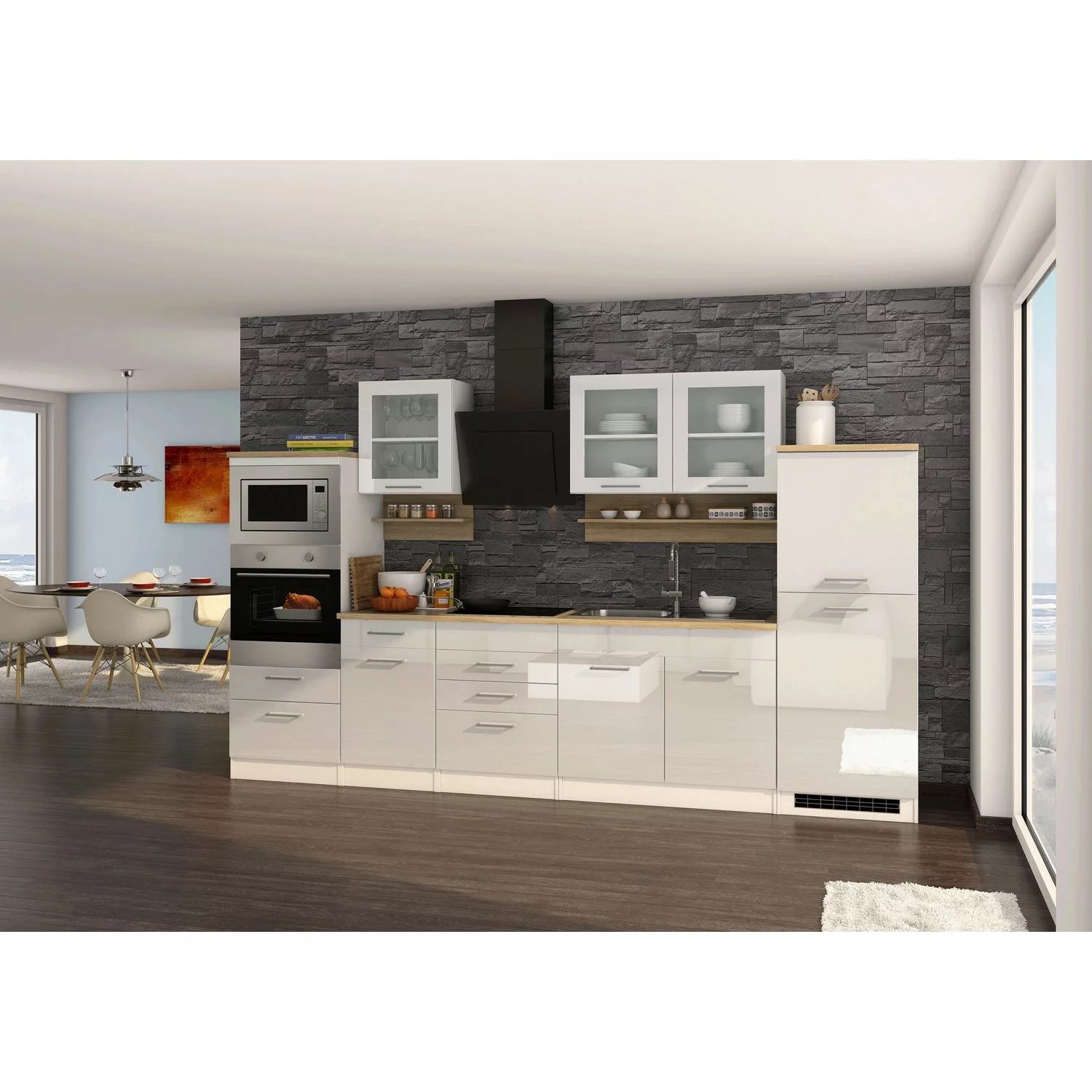 Held Möbel Küchenzeile Mailand 330 cm Grau Hochglanz-Grau Matt mit E-Geräte günstig online kaufen