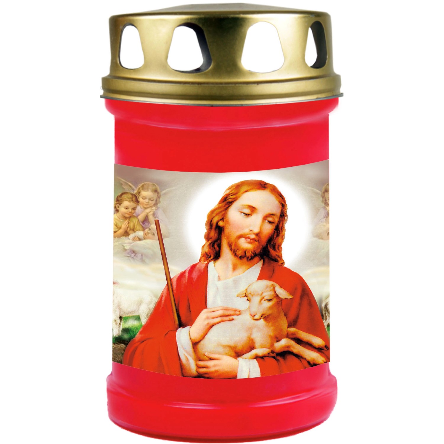 HS Candle Grabkerze Rot 48h Deckel Gold Jesus & Lamm günstig online kaufen