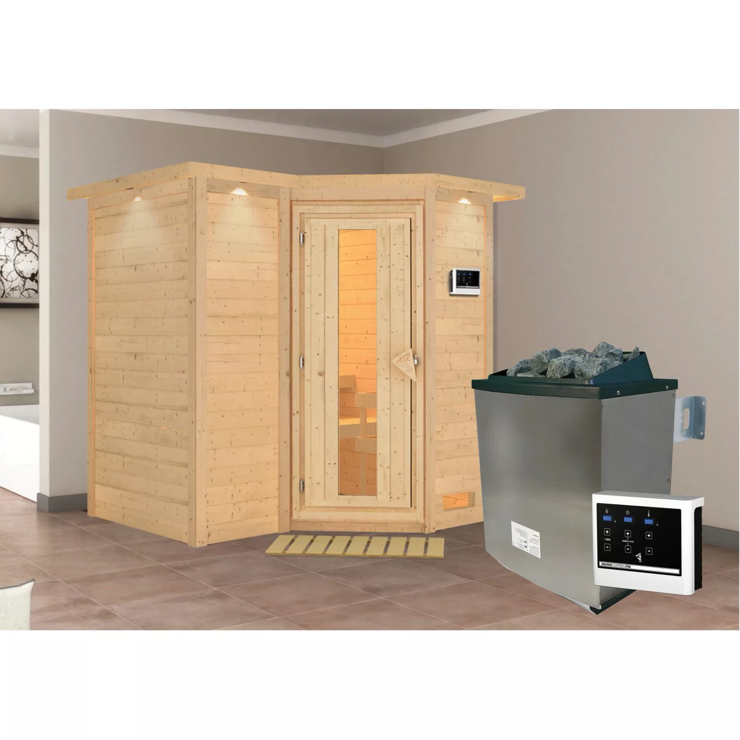 Woodfeeling Sauna Steena 1 inkl. Ofen 9 kW mit ext. Strg., Dachkranz, Energ günstig online kaufen