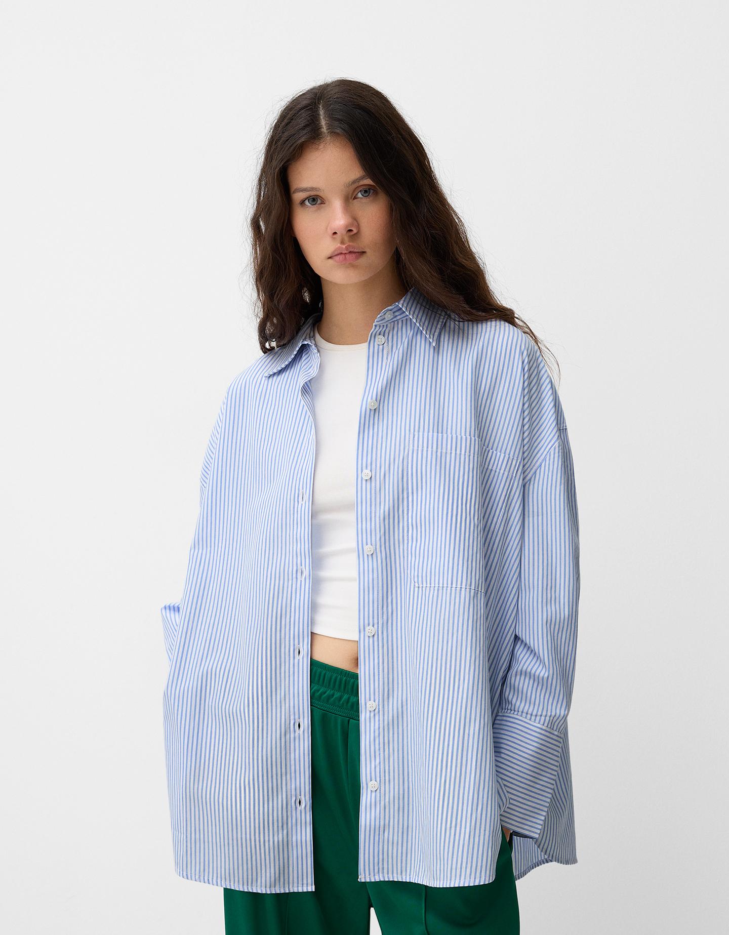 Bershka Oversize-Hemd Mit Langen Ärmeln Und Streifen Damen Xl Hellblau günstig online kaufen