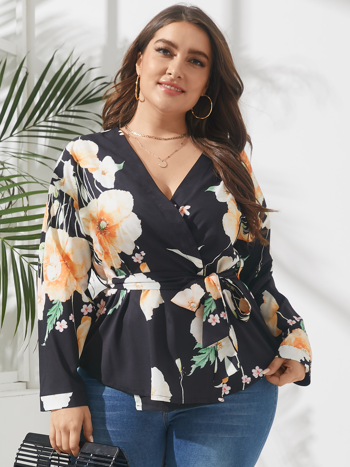 Plus Size V-Ausschnitt Blumendruck Gürtel Design Wickeldesign Lange Ärmel B günstig online kaufen