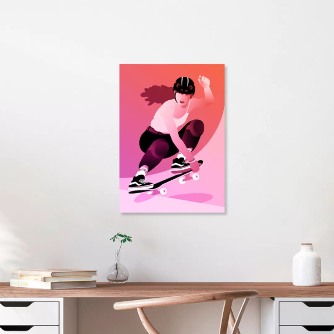 Poster / Leinwandbild - Illustration - Skaterin Macht Tricks Mit Skateboard günstig online kaufen