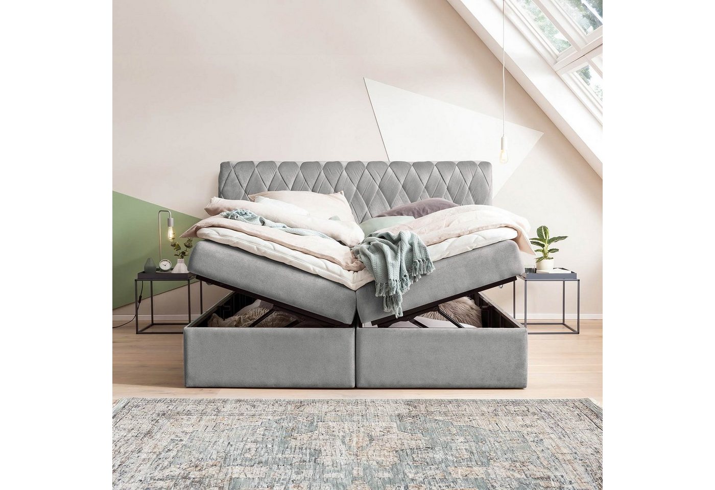 BettCo Stauraumbett Boxspringbett mit Bettkasten Lyon (in Silber Samt, 180 günstig online kaufen