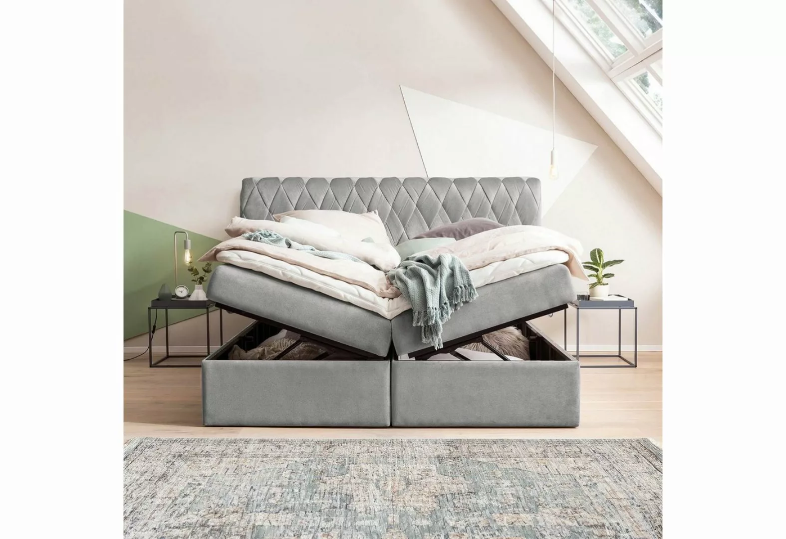 BettCo Stauraumbett Boxspringbett mit Bettkasten Lyon (in Silber Samt, 200 günstig online kaufen