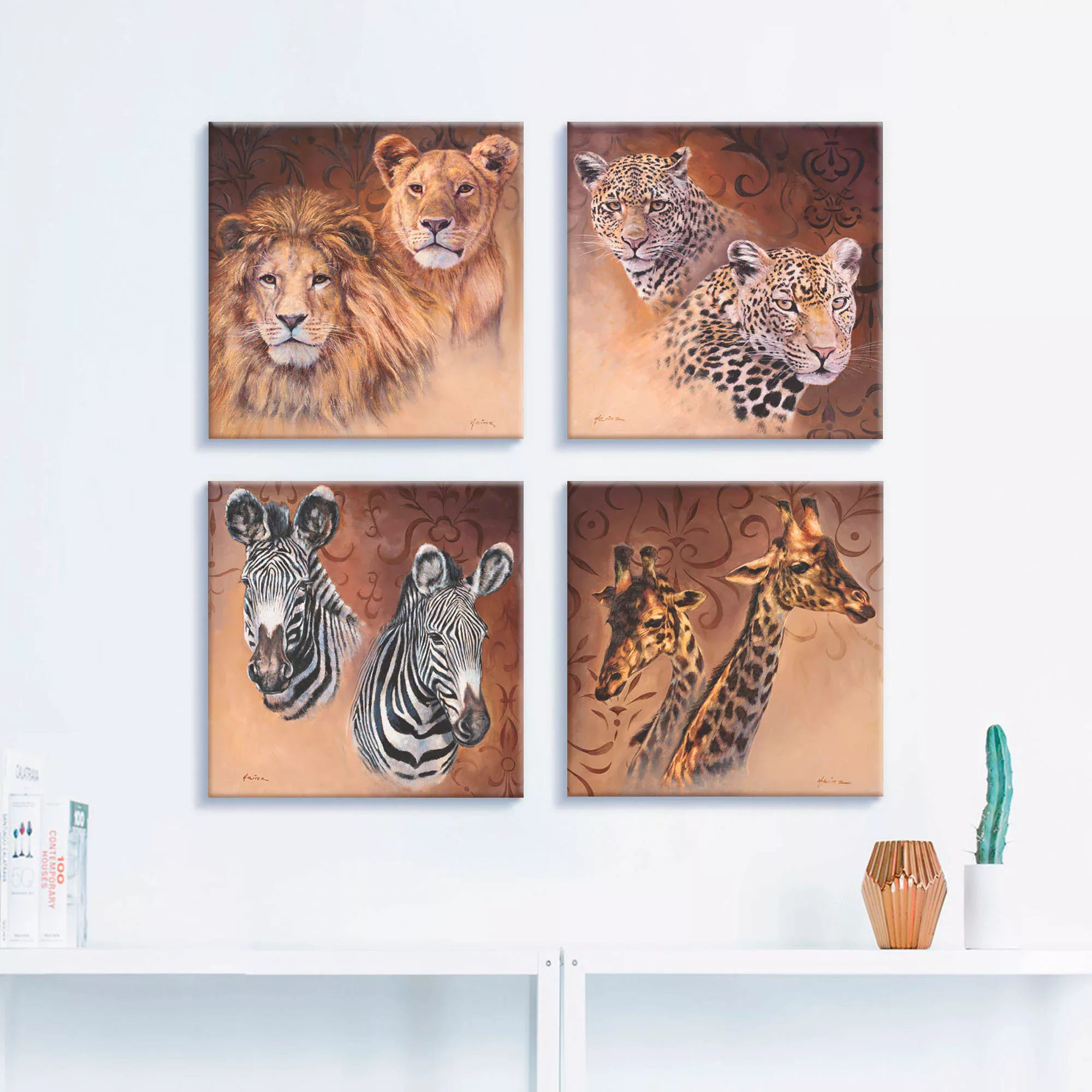 Artland Leinwandbild »Löwen Leoparden Zebra Giraffen«, Wildtiere, (4 St.) günstig online kaufen