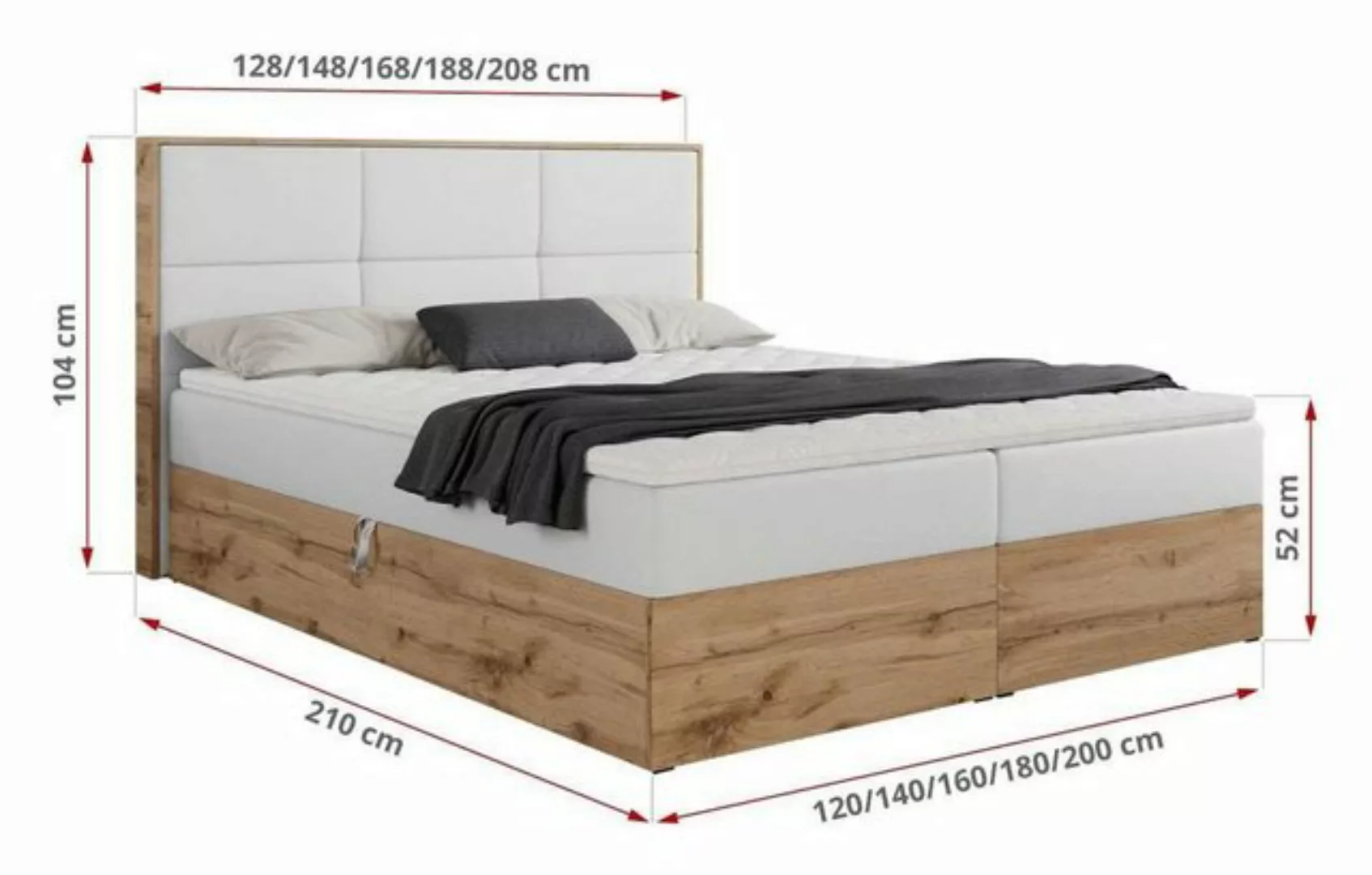 DB-Möbel Boxspringbett "ANTONIO" Doppelbett, mit Eiche Holzrahmen, Multipoc günstig online kaufen