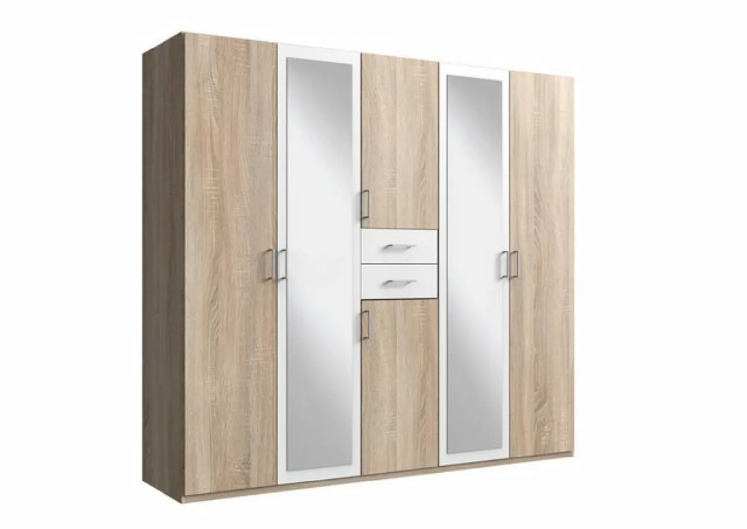 Drehtürenschrank mit Spiegel und Schubladen 225 cm breit Eiche Sägerau / We günstig online kaufen