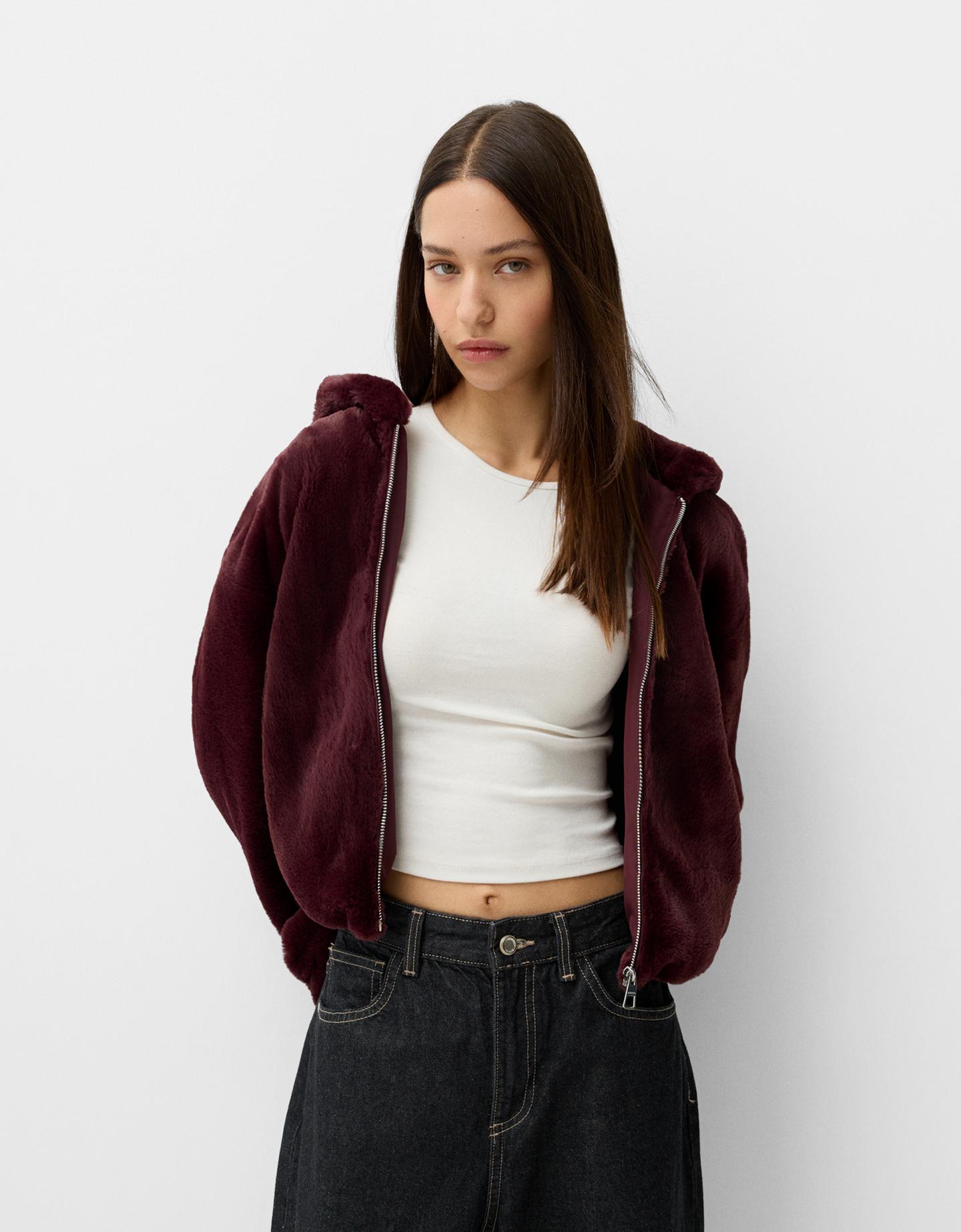 Bershka Plüschjacke Mit Kapuze Damen 10-12 Bordeaux günstig online kaufen