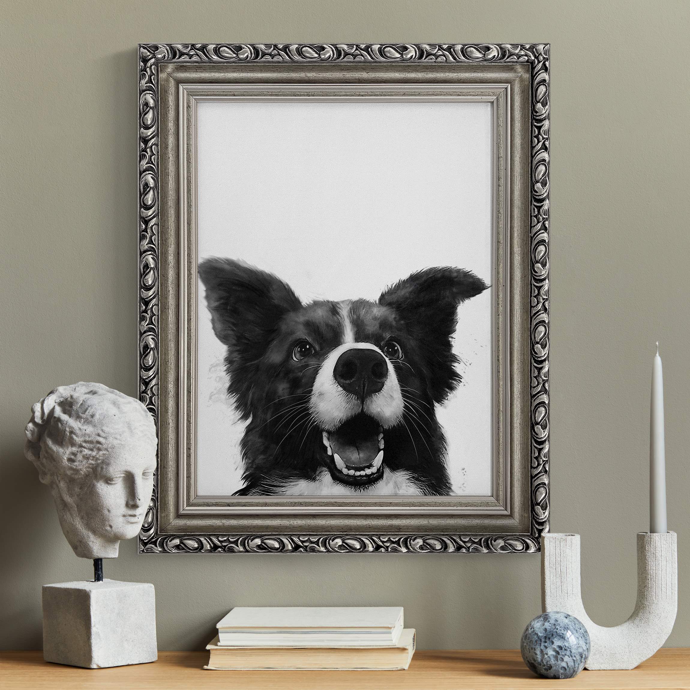 Gerahmtes Leinwandbild Illustration Hund Border Collie Schwarz Weiß Malerei günstig online kaufen