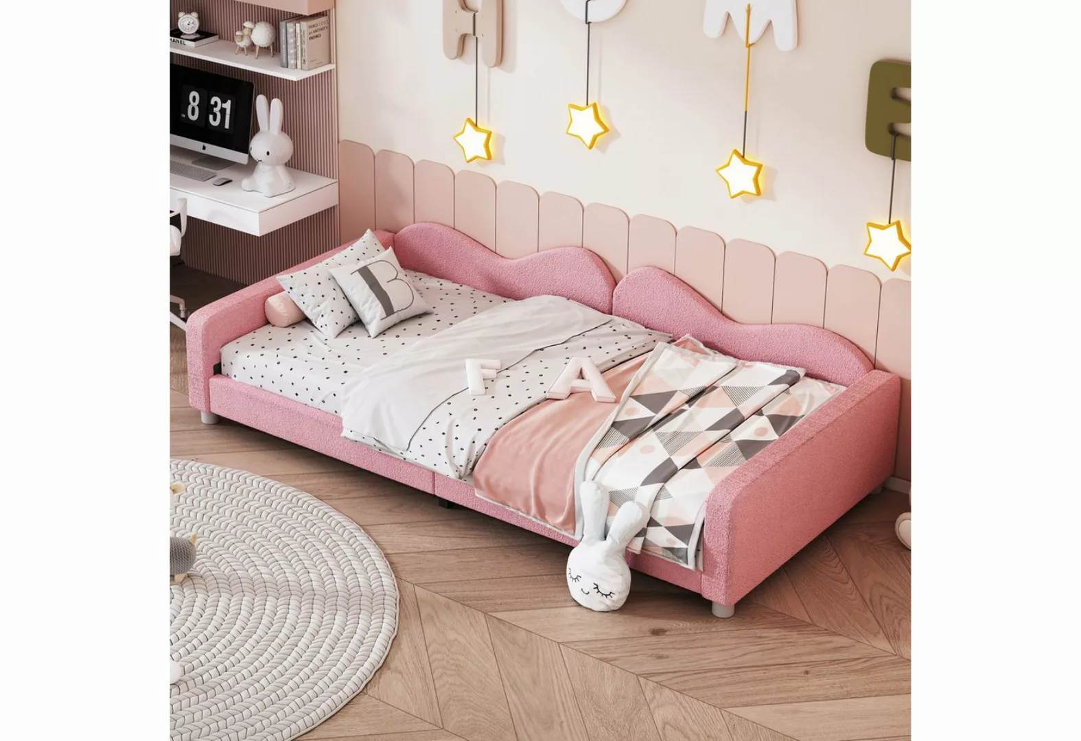 KoDise Schlafsofa mit Rückenlehne und Armlehnen Jugendbett Teddystoff Rosa günstig online kaufen