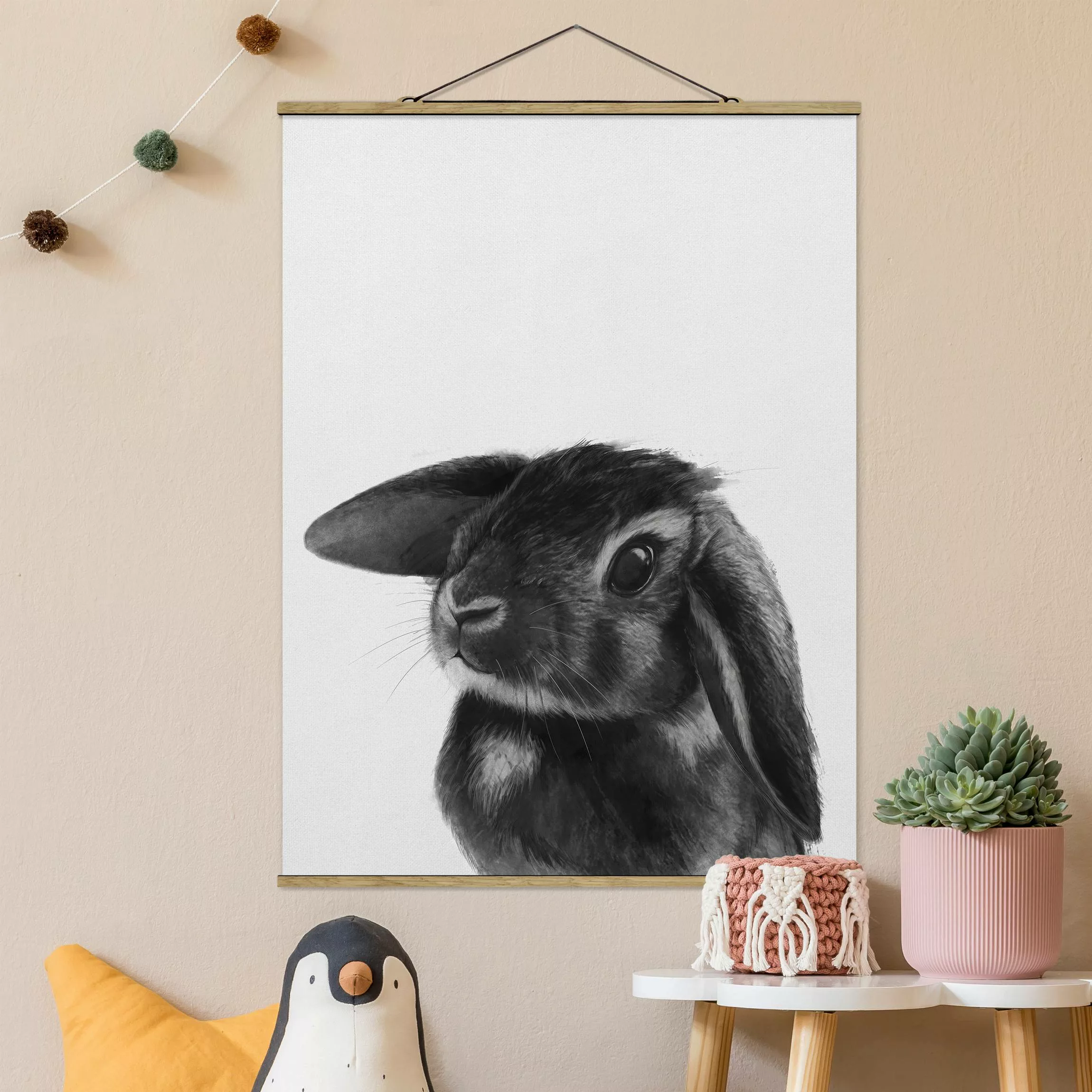 Stoffbild Tiere mit Posterleisten - Hochformat Illustration Hase Schwarz We günstig online kaufen
