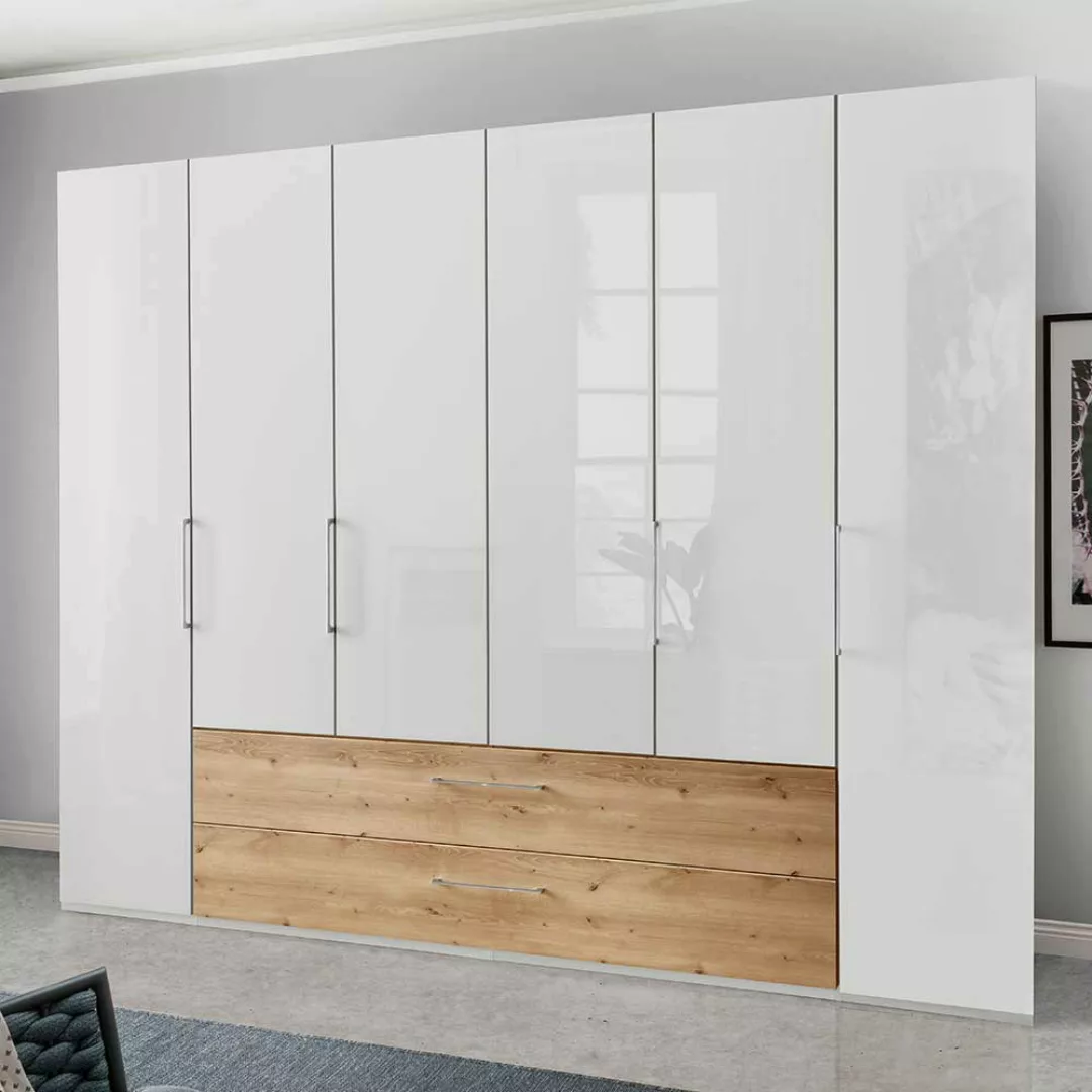 Glasfront Kleiderschrank in Weiß zwei Schubladen günstig online kaufen