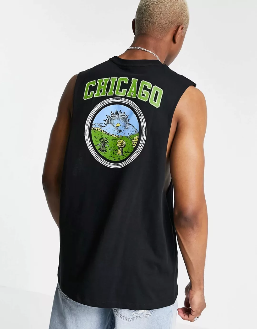 ASOS DESIGN – Lockeres Trägershirt in Schwarz mit „Chicago”-Cityprint günstig online kaufen