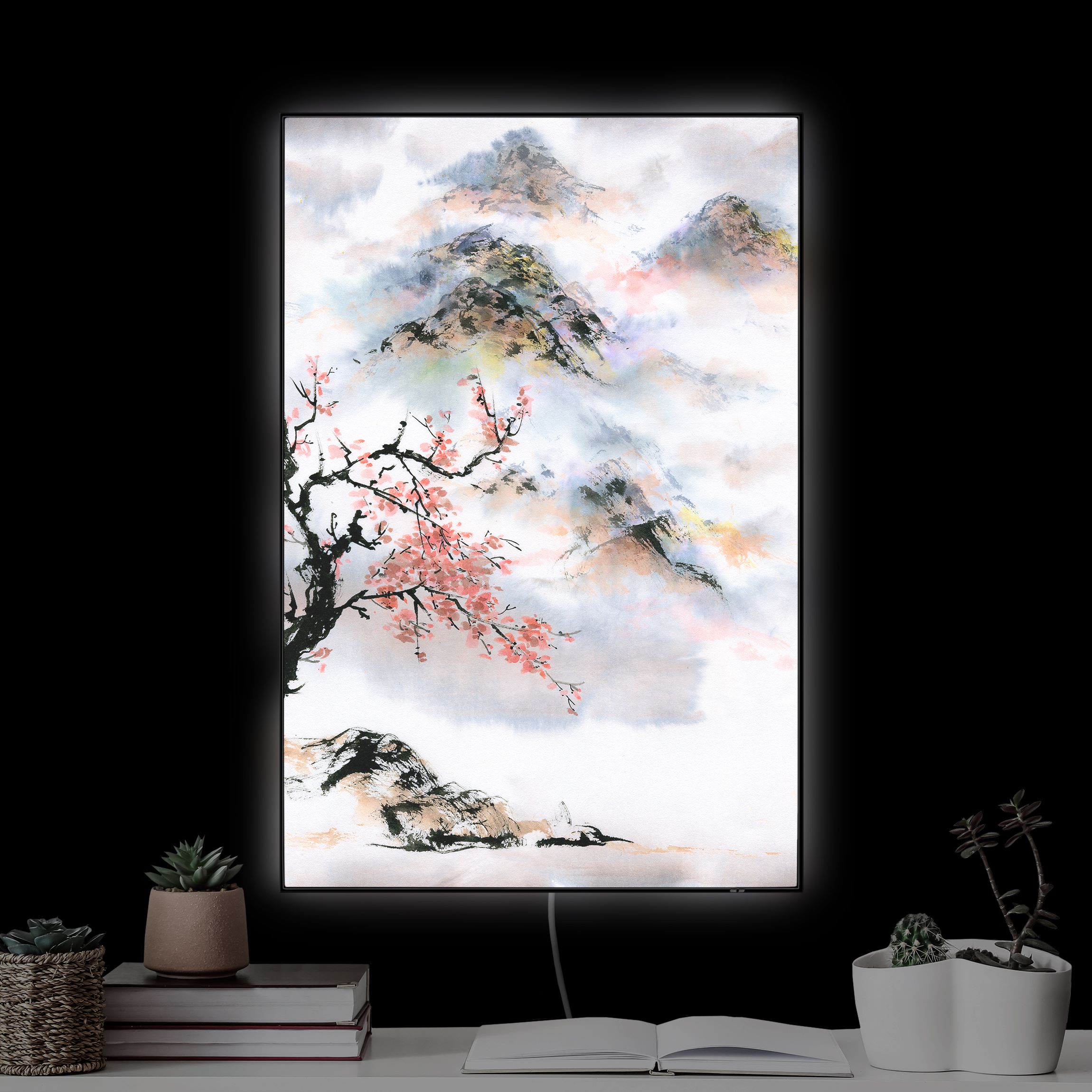 LED-Wechselbild Japanische Aquarell Zeichnung Kirschbaum und Berge günstig online kaufen