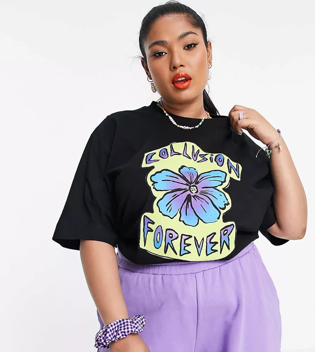 COLLUSION Plus – Exklusives Oversize-T-Shirt in Schwarz mit „Forever Flower günstig online kaufen