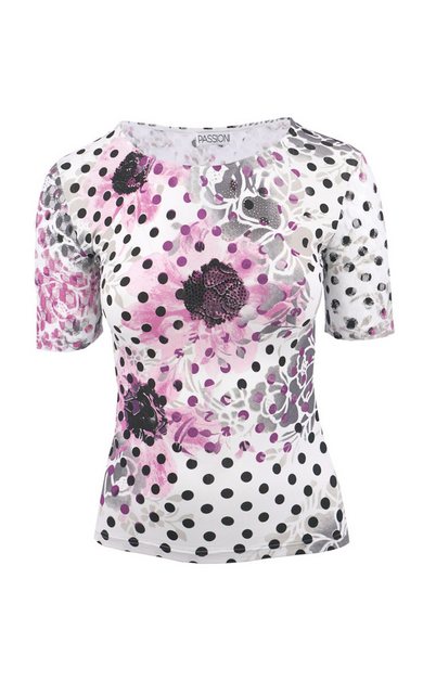 Passioni T-Shirt mit Punkte- und Blumenmuster-Mix in Rosa und Grau günstig online kaufen