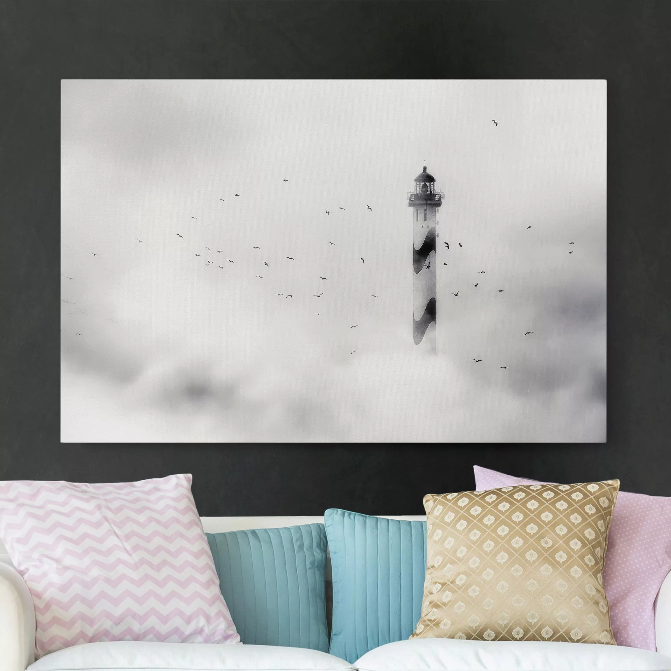 Leinwandbild Leuchtturm - Querformat Leuchtturm im Nebel günstig online kaufen