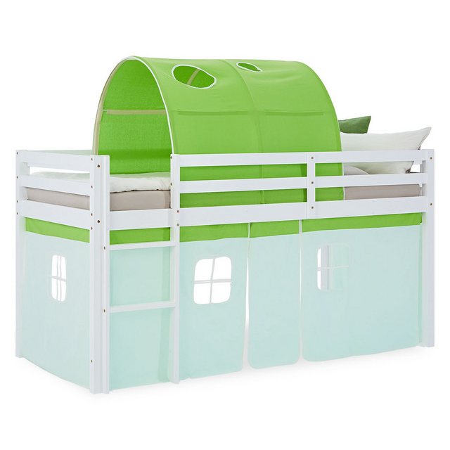 Homestyle4u Hochbett 90x200 Kinderbett Weiß Vorhang Grün Mint Kinder Kiefer günstig online kaufen