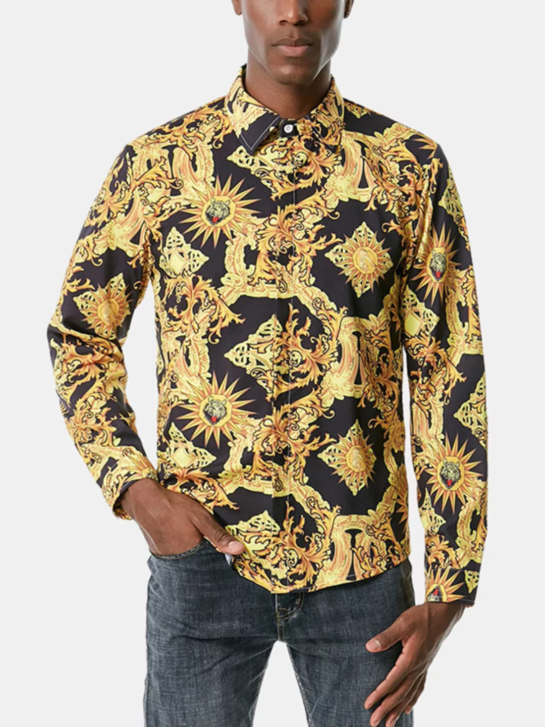 Herren Allover Barockdruck Regular Fit Casual Langarm gebogene Shirts günstig online kaufen