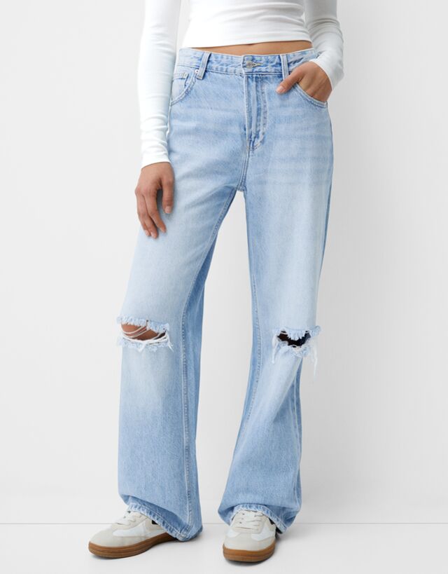 Bershka Wide Leg 90'S Jeans Mit Rissen Damen 40 Ausgewaschenes Blau günstig online kaufen