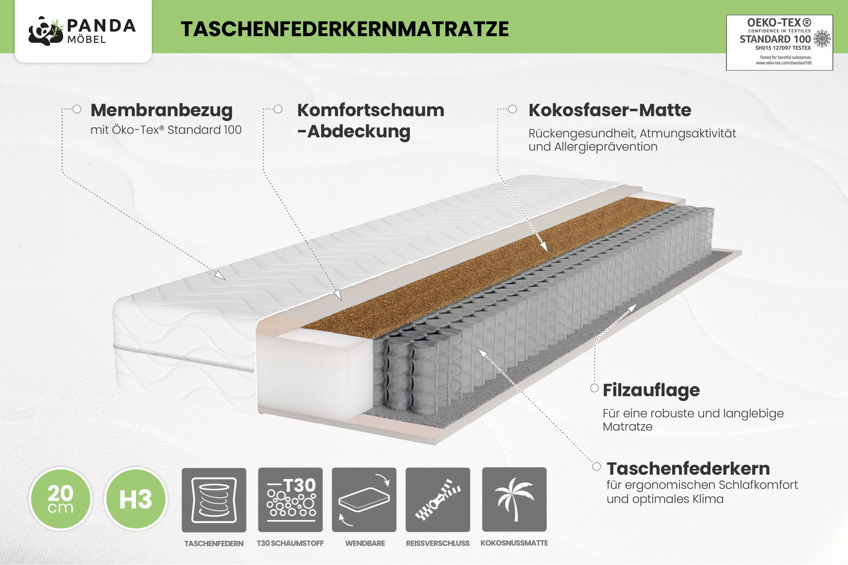 Taschenfederkernmatratze Pocket mit Kokosmatte 90cm 100cm günstig online kaufen