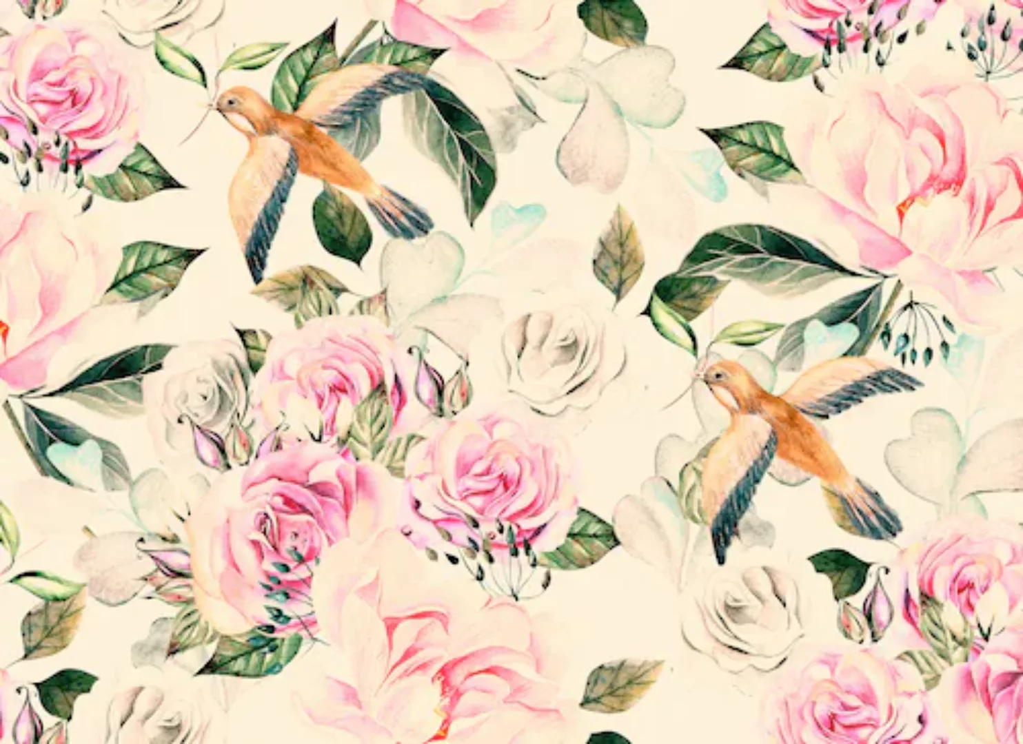 Fototapete Blumen Vögel Rosa Grün Blau Braun 3,50 m x 2,55 m FSC® günstig online kaufen