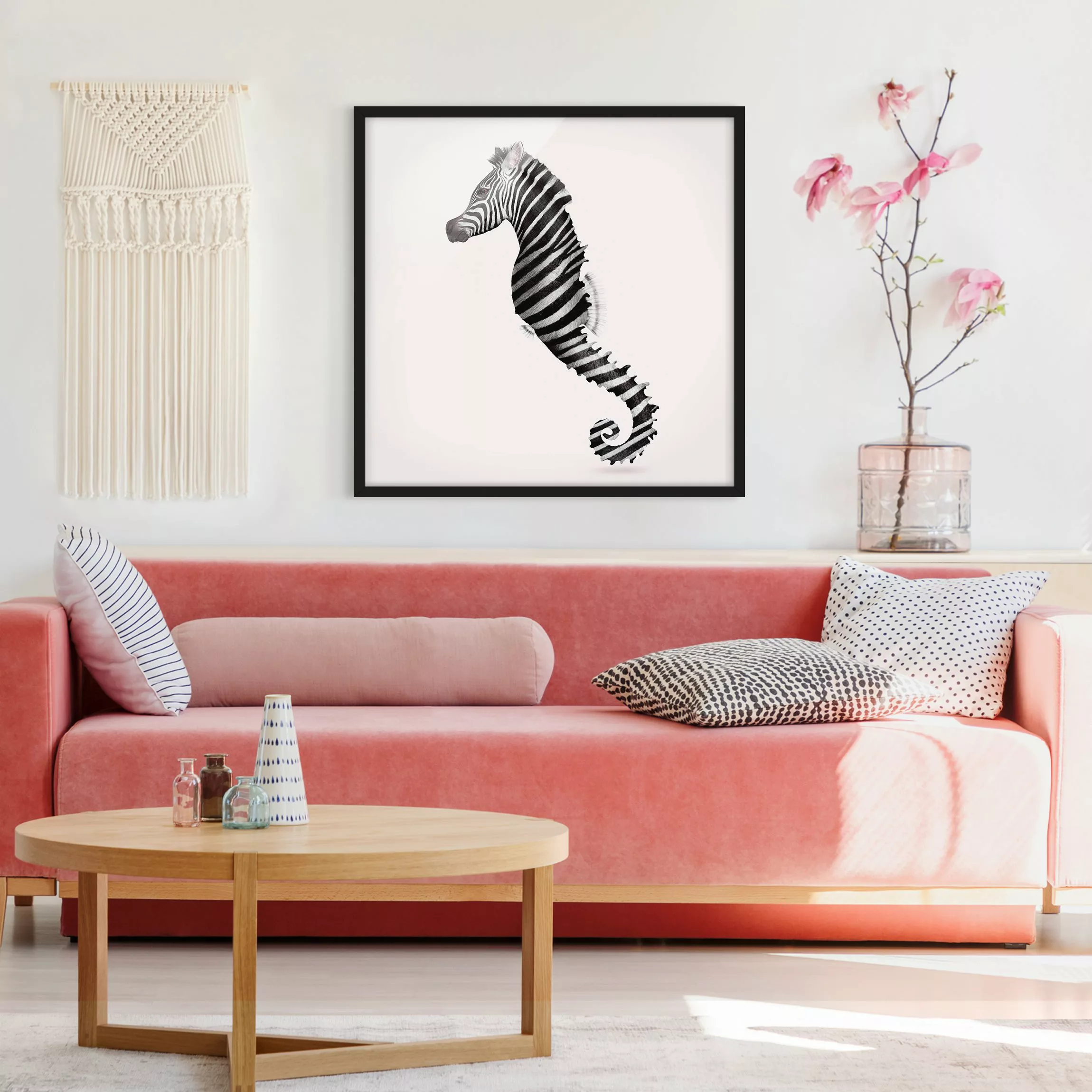 Bild mit Rahmen Tiere - Quadrat Seepferdchen mit Zebrastreifen günstig online kaufen