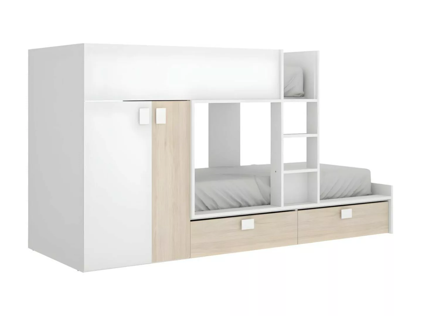 Etagenbett mit Kleiderschrank - 2x 90 x 190 cm - Weiß & Naturfarben - JUANI günstig online kaufen