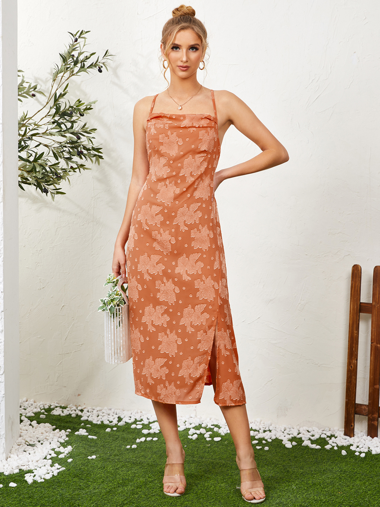 Drape Sagging Blumendruck Backless Tie-up Design Midi-Kleid günstig online kaufen