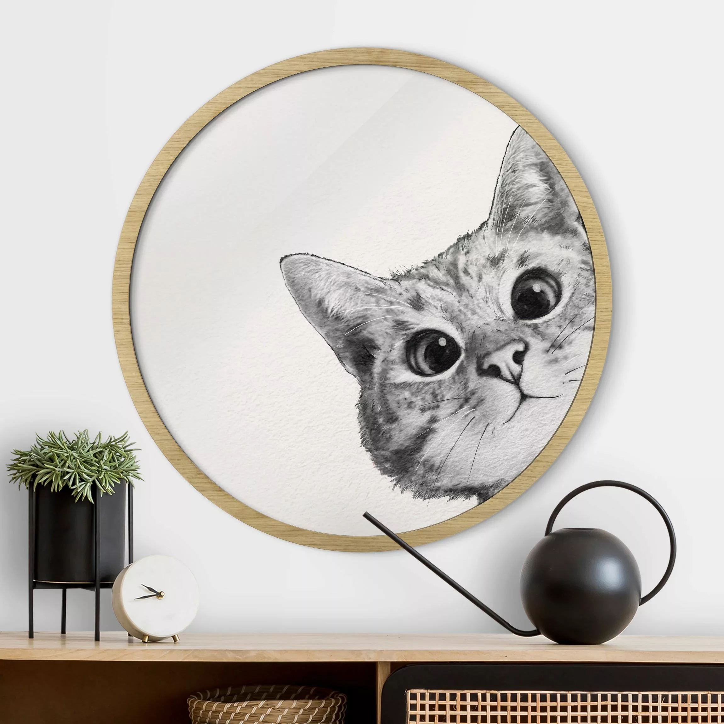 Rundes Gerahmtes Bild Illustration Katze Zeichnung Schwarz Weiß günstig online kaufen