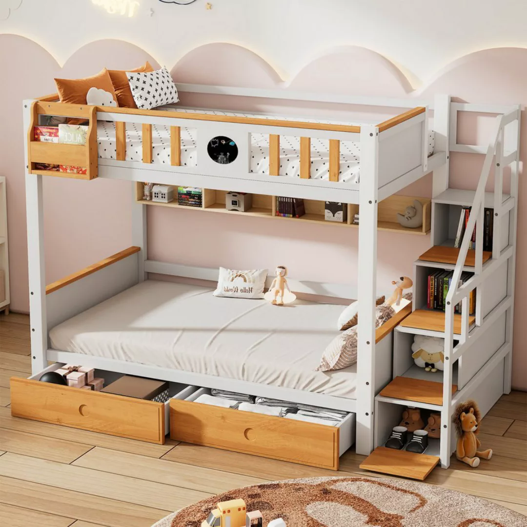 FUROKOY Etagenbett 90x200 cm Kinderbett mit Treppe, Tafel, Regale und Regal günstig online kaufen