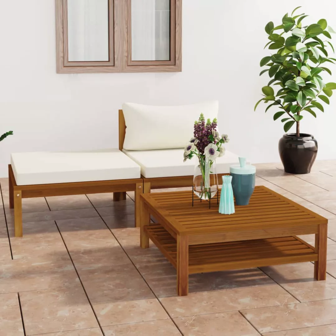 3-tlg. Garten-lounge-set Mit Cremeweißen Kissen Akazienholz günstig online kaufen