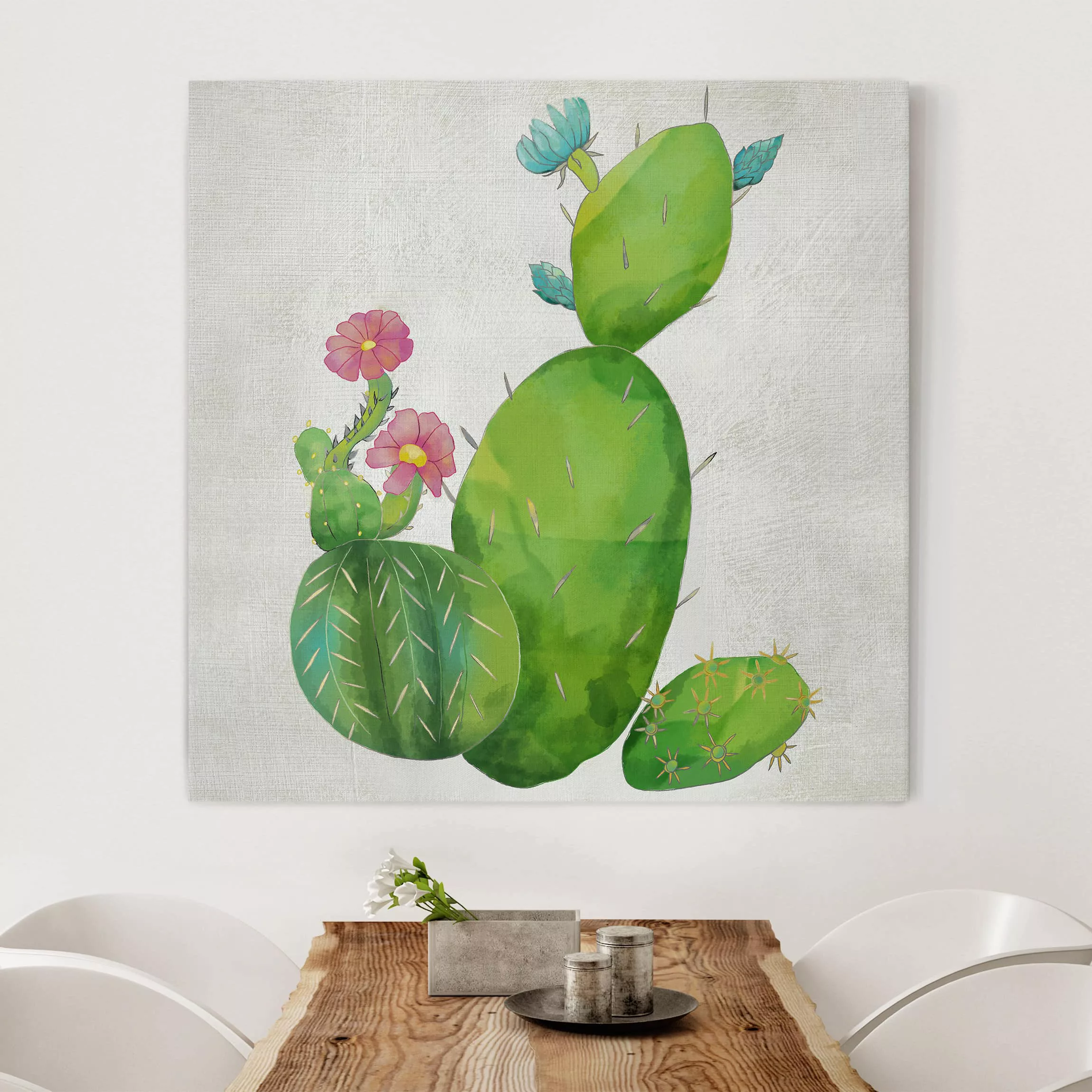 Leinwandbild Botanik - Quadrat Kaktusfamilie rosa türkis günstig online kaufen