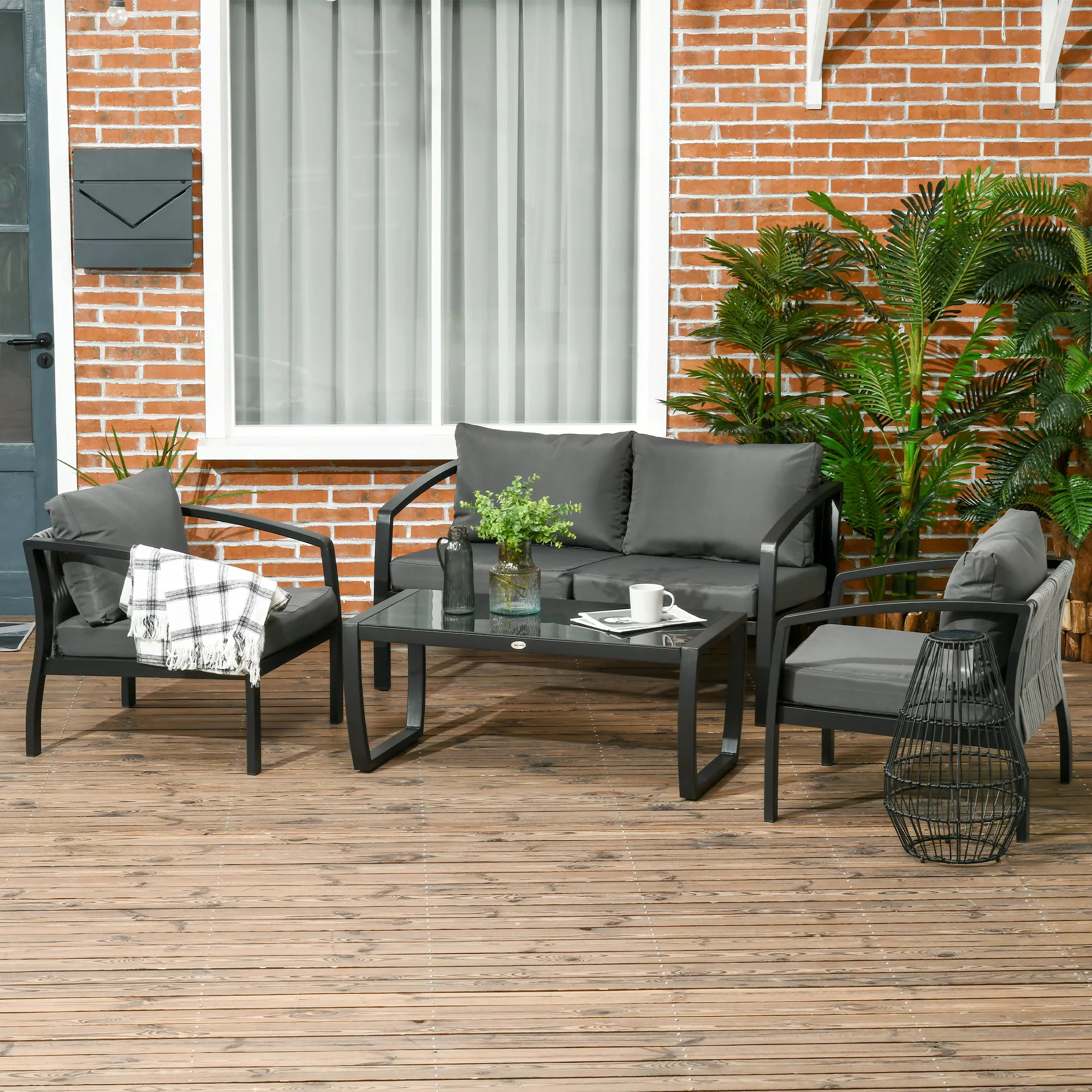 Outsunny Gartenmöbel-Set für 4 Personen, 1 Glastisch, 1 Sofa, 2 Sessel, wet günstig online kaufen