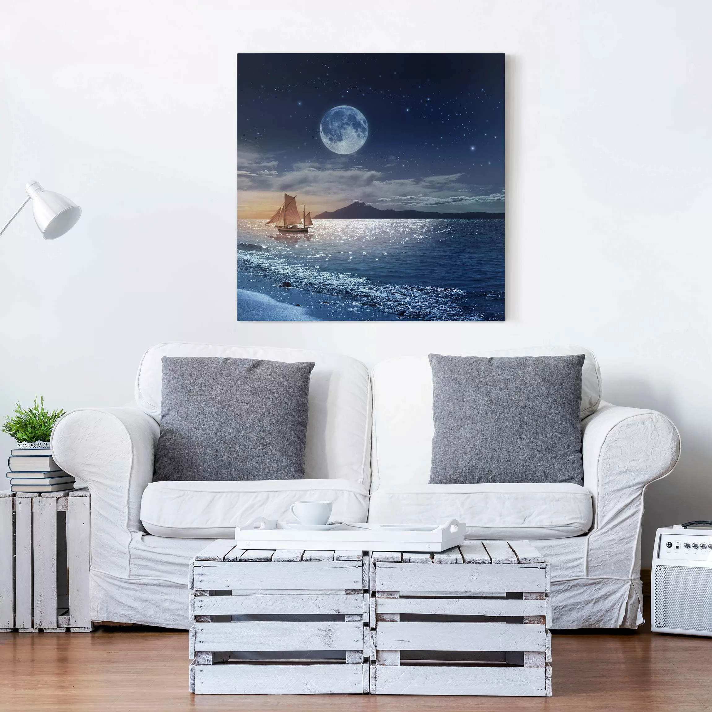 Leinwandbild Natur & Landschaft - Quadrat Moon Night Sea günstig online kaufen