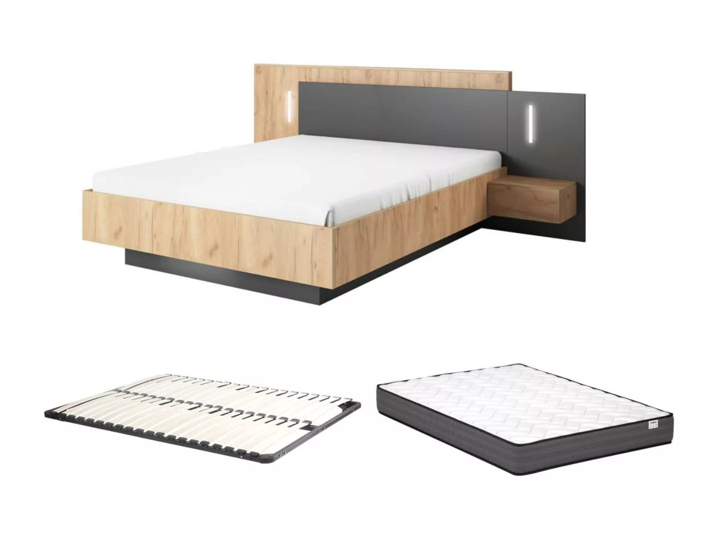 Bett mit Nachttischen - 140 x 190 cm - 2 Schubladen - Mit LED-Beleuchtung - günstig online kaufen