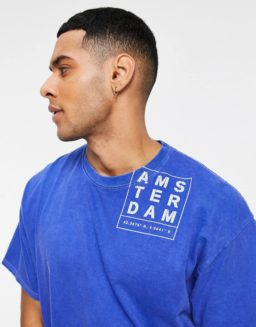 Topman – Oversize-T-Shirt in Blau mit „Amsterdam“-Print an der Schulter günstig online kaufen