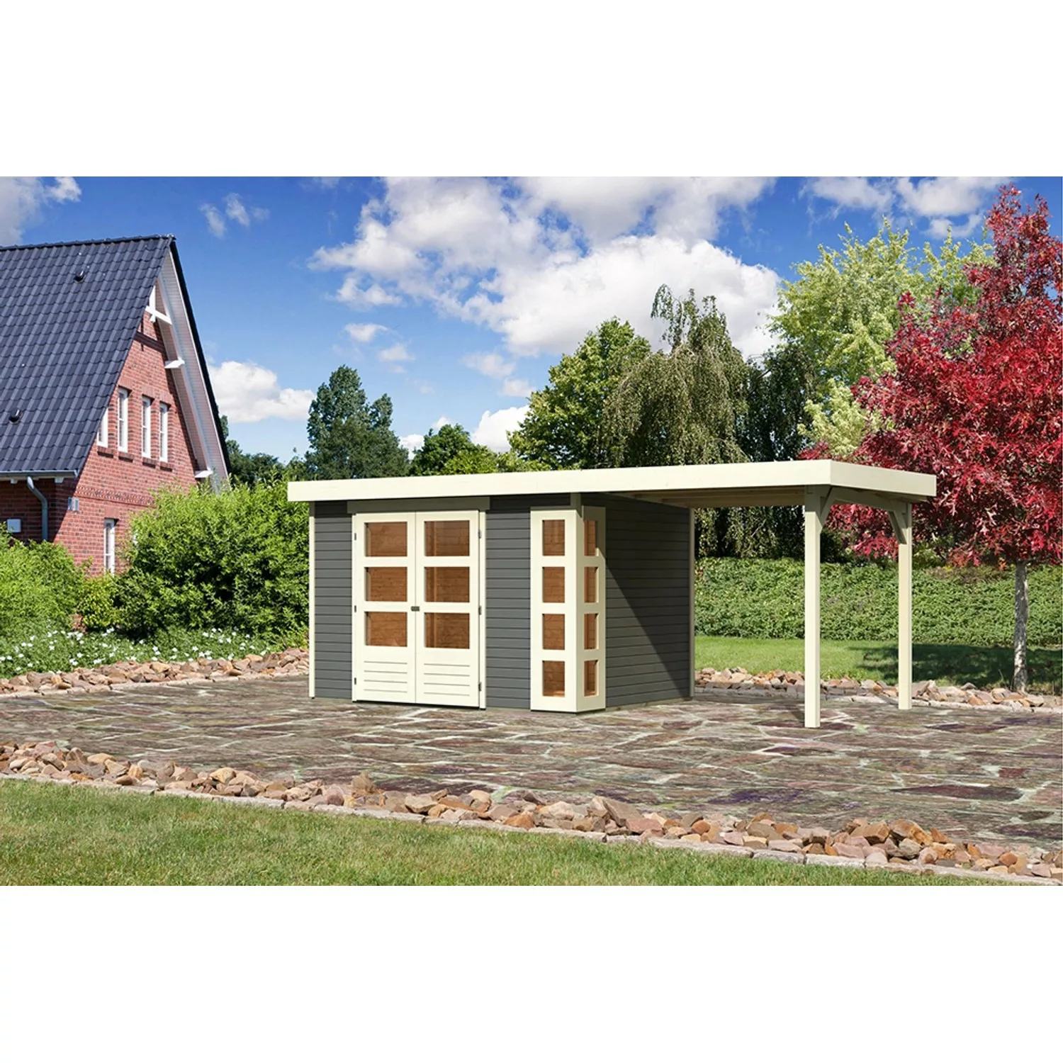 Karibu Holz-Gartenhaus Sölve Terragrau Flachdach Lackiert 298 cm x 213 cm günstig online kaufen