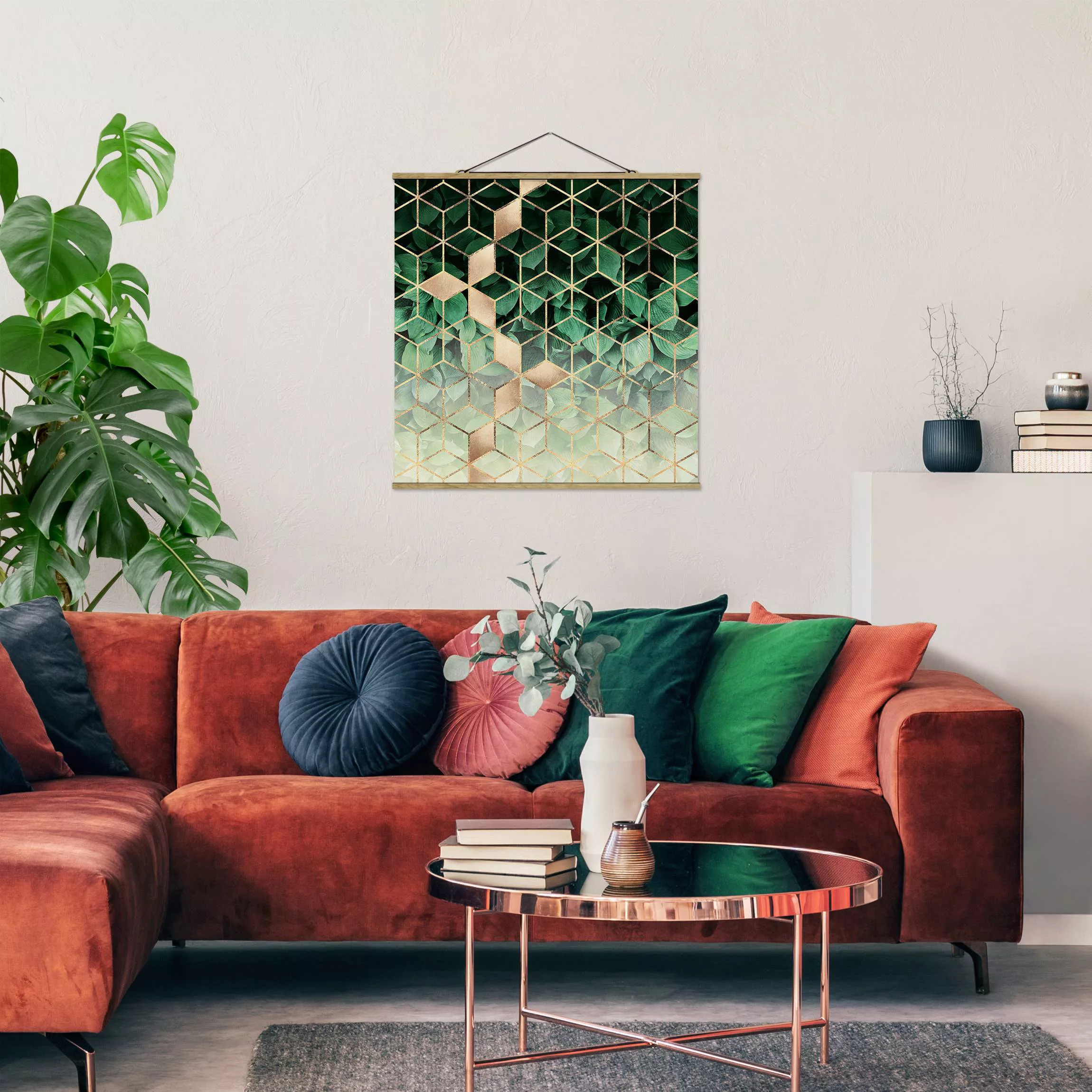 Stoffbild Abstrakt mit Posterleisten - Quadrat Grüne Blätter goldene Geomet günstig online kaufen