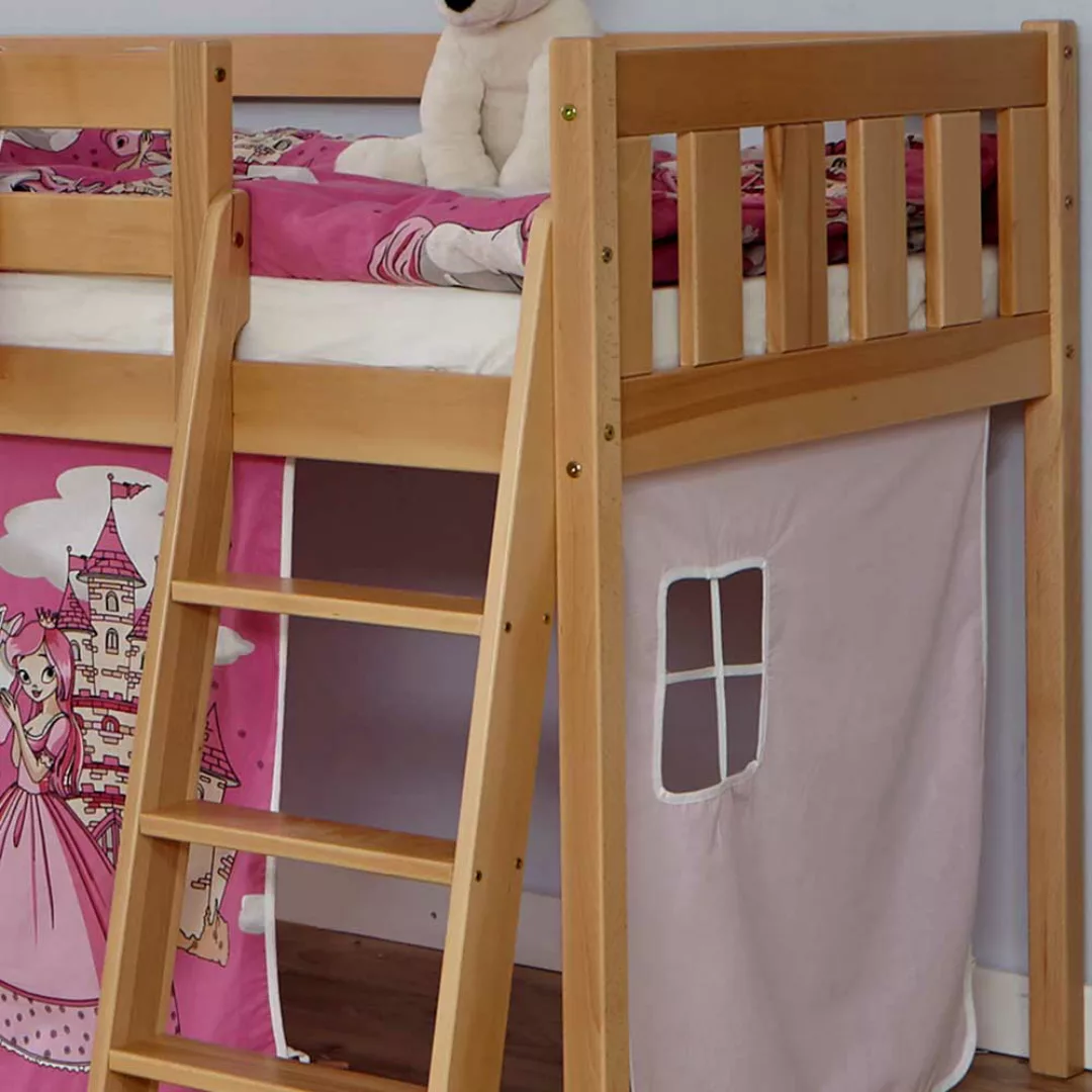 Kinderhochbett aus Buche Massivholz Webstoff in Pink und Rosa günstig online kaufen