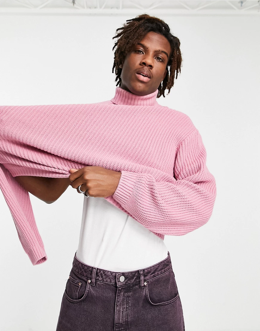 ASOS DESIGN – Oversize-Rollkragenpullover in meliertem Rosa mit Patentmuste günstig online kaufen