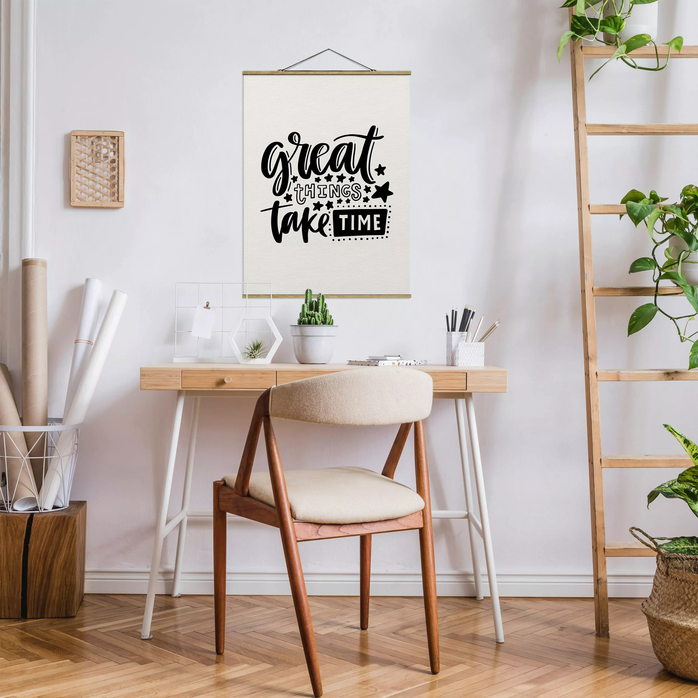 Stoffbild Spruch mit Posterleisten - Hochformat Great things take time günstig online kaufen
