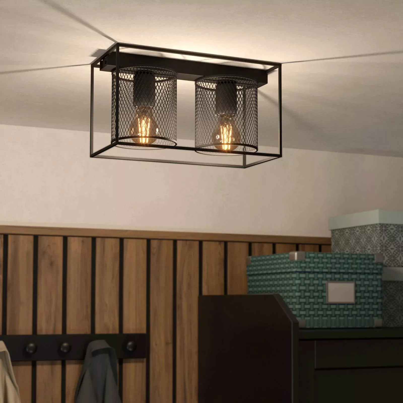 Deckenlampe Catterick, schwarz, zwei Käfigschirme günstig online kaufen