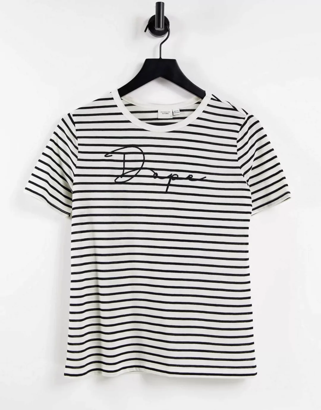 JDY – Gestreiftes T-Shirt mit aufgesticktem Schriftzug in Schwarz und Weiß- günstig online kaufen