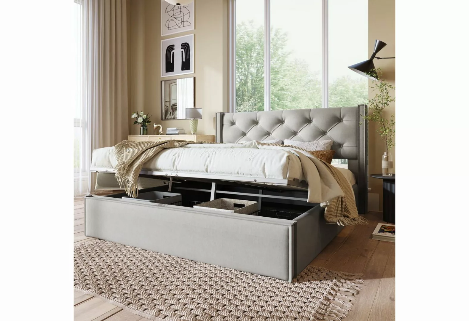 Celya Polsterbett Doppelbett 160x200cm Bettgestell mit Stauraum, Bett mit L günstig online kaufen