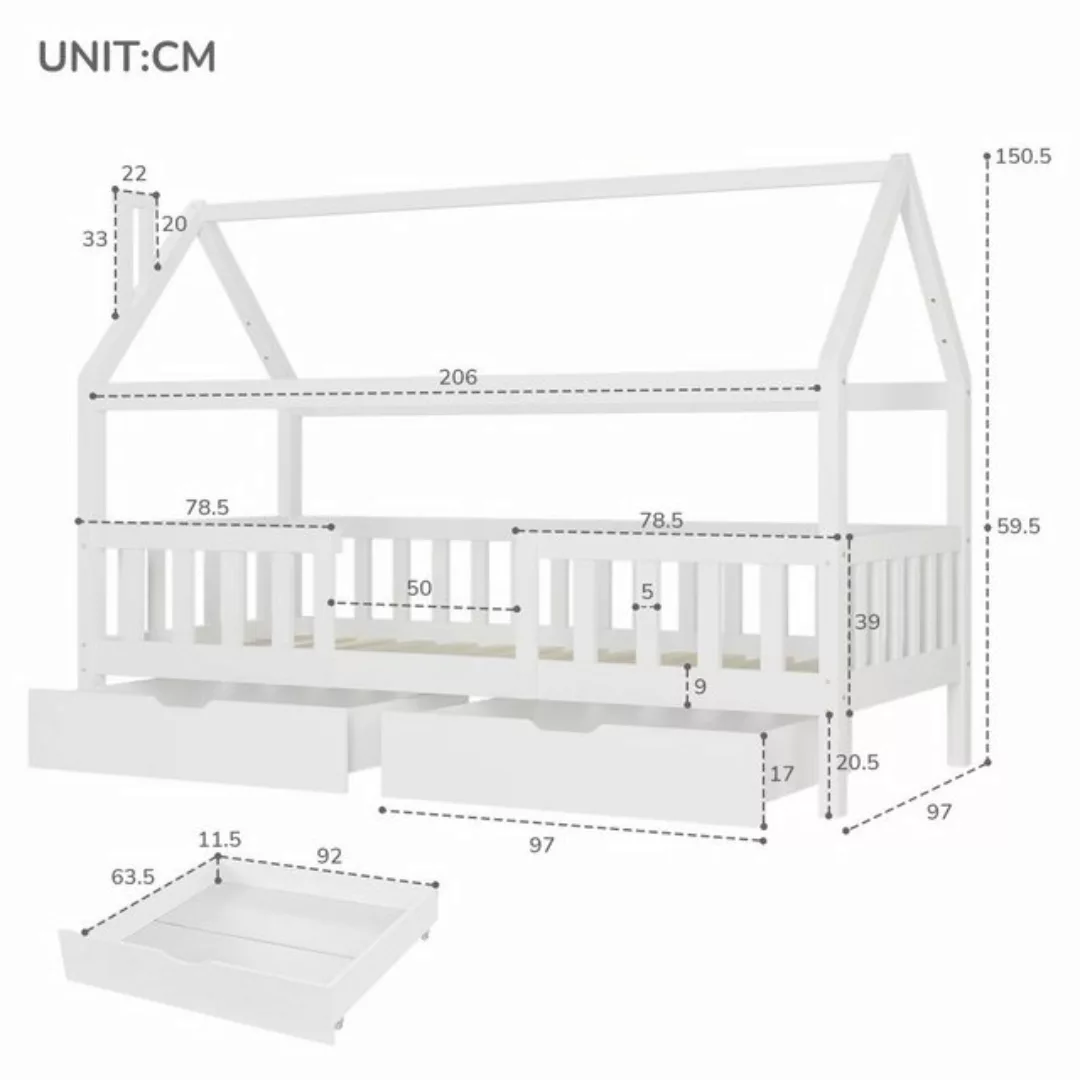 OKWISH Kinderbett Hochbett, Kiefer Einzelbett Hausbett Mit 2 Schubladen 90x günstig online kaufen