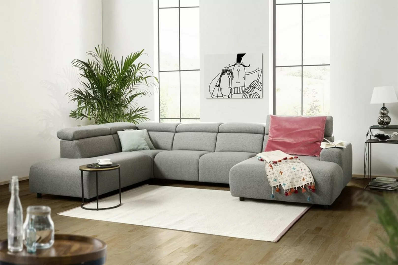KAWOLA Wohnlandschaft RISO, Sofa U-Form Stoff grau Longchair rechts od. lin günstig online kaufen